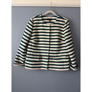 Women's Talbots Cotton Jacket Blazer Size 14 Fringe Ivory Blue & Green Striped